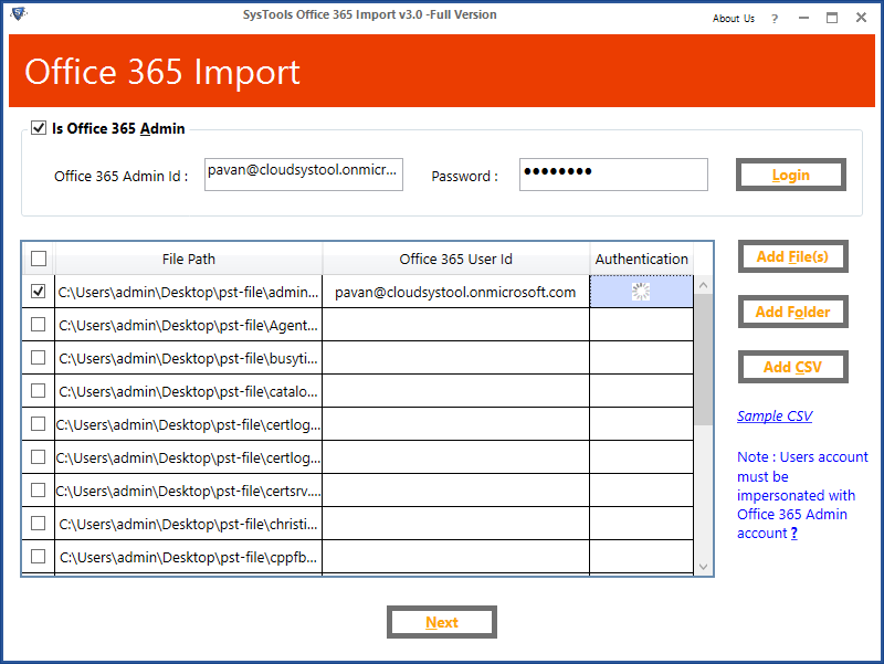 Die PST-Liste für den Exchange Online-Import wird angezeigt